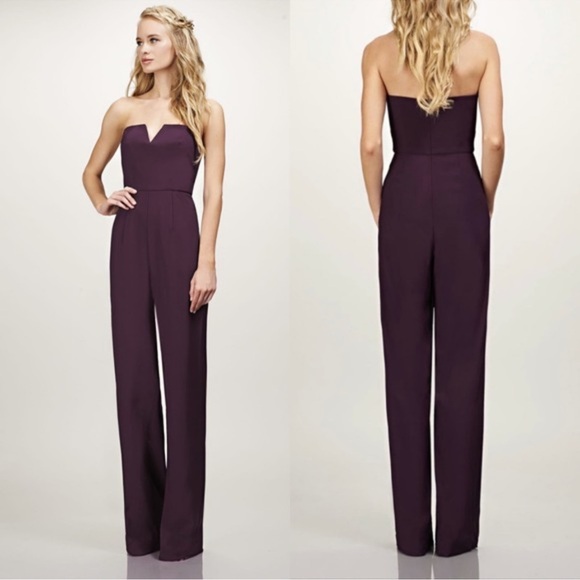 Theia Bridesmaid Cara Strapless Jumpsuit Sz 10 Wine - Picture 1 of 7
